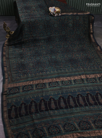 Bottle Green Maheshwari Silk Cotton Saree - Ajrakh Prints