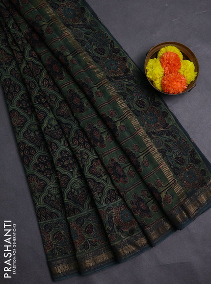Black & Mehendi Green Maheshwari Silk Cotton Saree - Ajrakh Prints