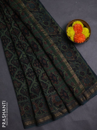 Black & Mehendi Green Maheshwari Silk Cotton Saree - Ajrakh Prints