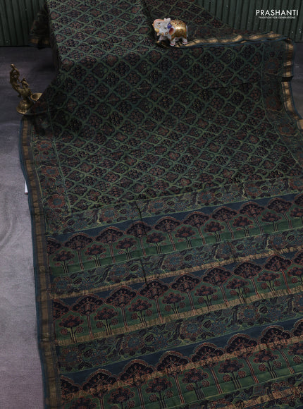 Black & Mehendi Green Maheshwari Silk Cotton Saree - Ajrakh Prints