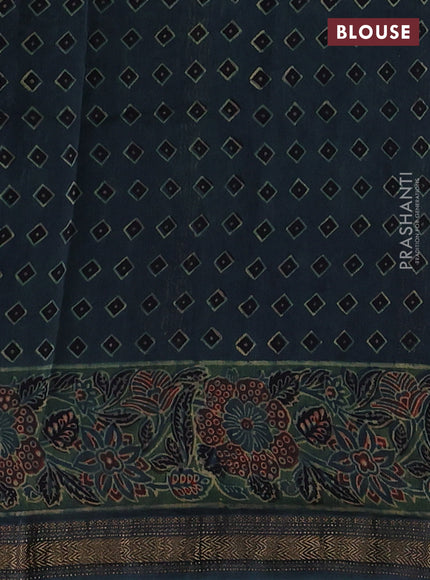 Black & Mehendi Green Maheshwari Silk Cotton Saree - Ajrakh Prints