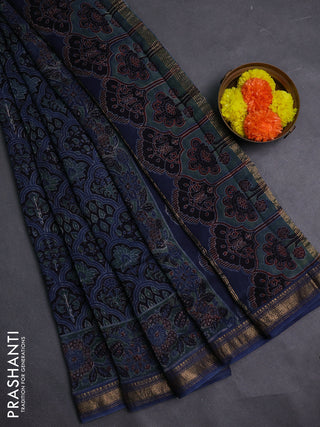 Black & Blue Maheshwari Silk Cotton Saree - Ajrakh Prints