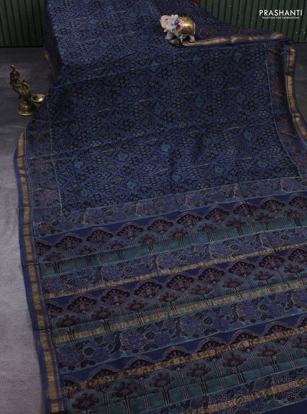 Black & Blue Maheshwari Silk Cotton Saree - Ajrakh Prints