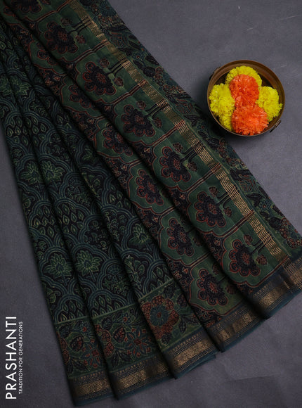 Black & Olive Green Maheshwari Silk Cotton Saree - Ajrakh Prints