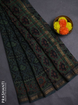 Black & Olive Green Maheshwari Silk Cotton Saree - Ajrakh Prints