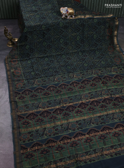 Black & Olive Green Maheshwari Silk Cotton Saree - Ajrakh Prints