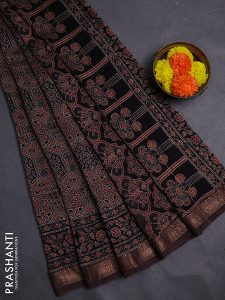 Coffee Brown & Black Maheshwari Silk Cotton Saree - Ajrakh Prints