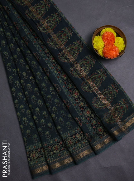 Bottle Green Maheshwari Silk Cotton Saree - Ajrakh Prints