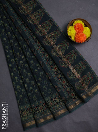 Bottle Green Maheshwari Silk Cotton Saree - Ajrakh Prints