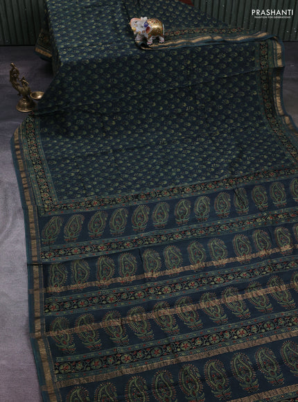 Bottle Green Maheshwari Silk Cotton Saree - Ajrakh Prints
