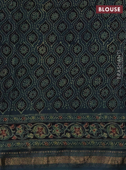 Bottle Green Maheshwari Silk Cotton Saree - Ajrakh Prints