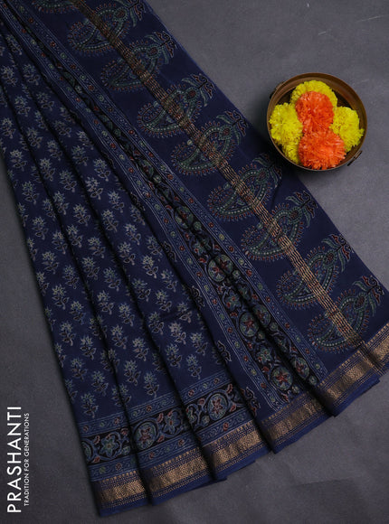 Navy Blue Maheshwari Silk Cotton Saree - Ajrakh Prints