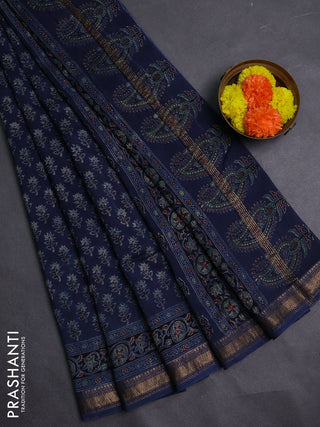 Navy Blue Maheshwari Silk Cotton Saree - Ajrakh Prints
