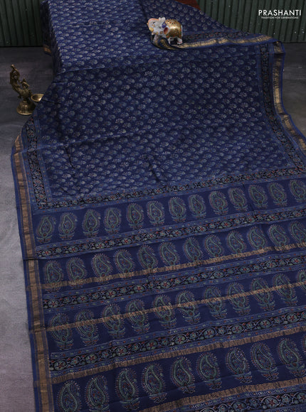 Navy Blue Maheshwari Silk Cotton Saree - Ajrakh Prints