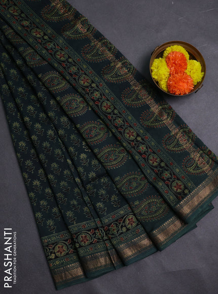 Bottle Green Maheshwari Silk Cotton Saree - Ajrakh Prints