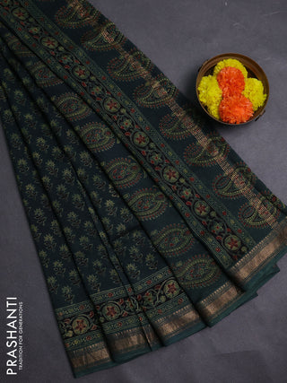 Bottle Green Maheshwari Silk Cotton Saree - Ajrakh Prints