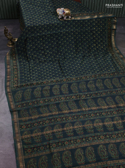 Bottle Green Maheshwari Silk Cotton Saree - Ajrakh Prints