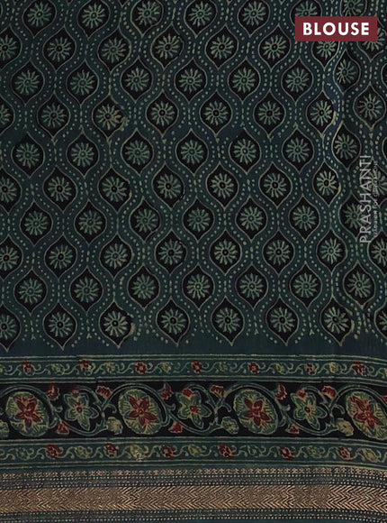 Bottle Green Maheshwari Silk Cotton Saree - Ajrakh Prints