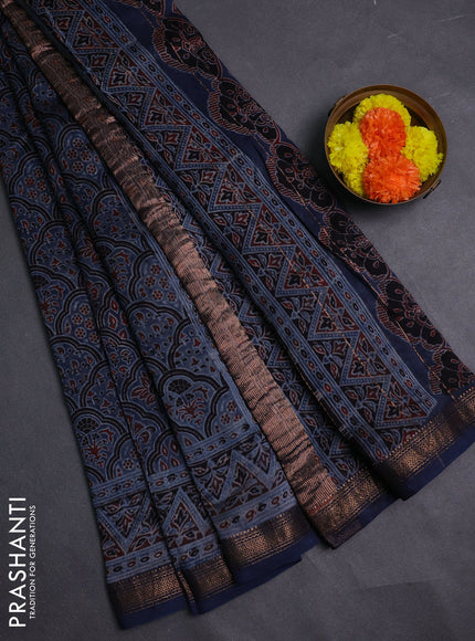Blue Maheshwari Silk Cotton Saree - Ajrakh Prints