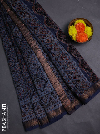 Blue Maheshwari Silk Cotton Saree - Ajrakh Prints