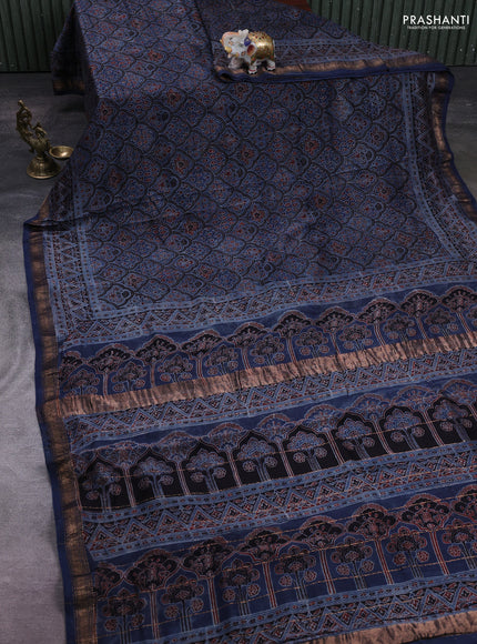 Blue Maheshwari Silk Cotton Saree - Ajrakh Prints
