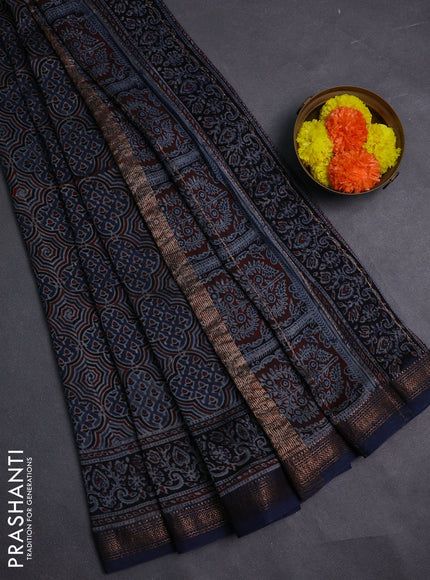 Navy Blue Maheshwari Silk Cotton Saree - Ajrakh Prints
