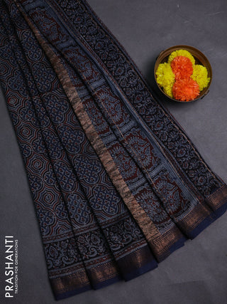 Navy Blue Maheshwari Silk Cotton Saree - Ajrakh Prints