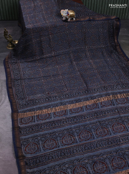 Navy Blue Maheshwari Silk Cotton Saree - Ajrakh Prints