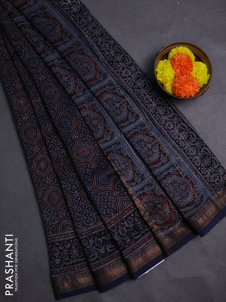Indigo Blue Maheshwari Silk Cotton Saree - Ajrakh Prints