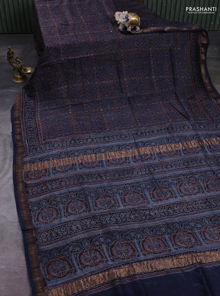 Indigo Blue Maheshwari Silk Cotton Saree - Ajrakh Prints