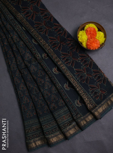 Bottle Green Maheshwari Silk Cotton Saree - Ajrakh Prints