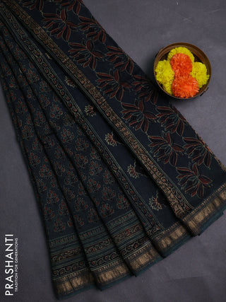 Bottle Green Maheshwari Silk Cotton Saree - Ajrakh Prints