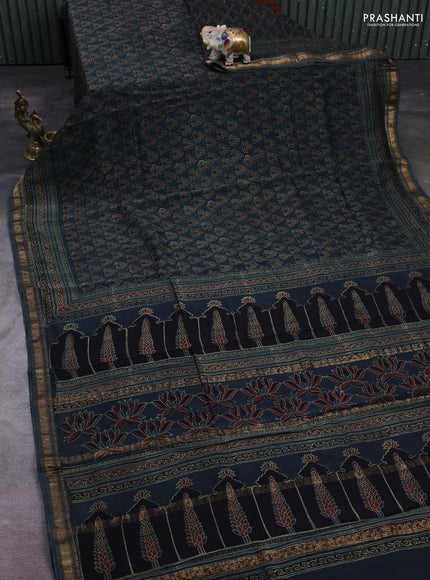 Bottle Green Maheshwari Silk Cotton Saree - Ajrakh Prints