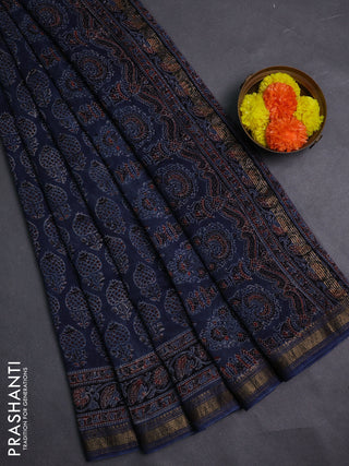 Blue Maheshwari Silk Cotton Saree - Ajrakh Prints
