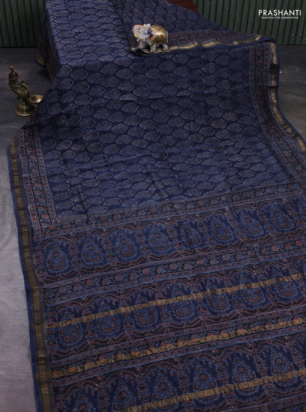 Blue Maheshwari Silk Cotton Saree - Ajrakh Prints