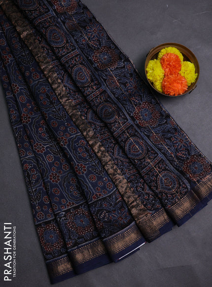 Navy Blue Maheshwari Silk Cotton Saree - Ajrakh Prints