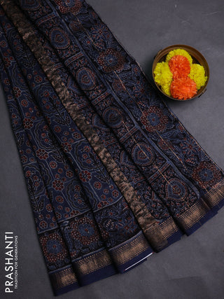 Navy Blue Maheshwari Silk Cotton Saree - Ajrakh Prints