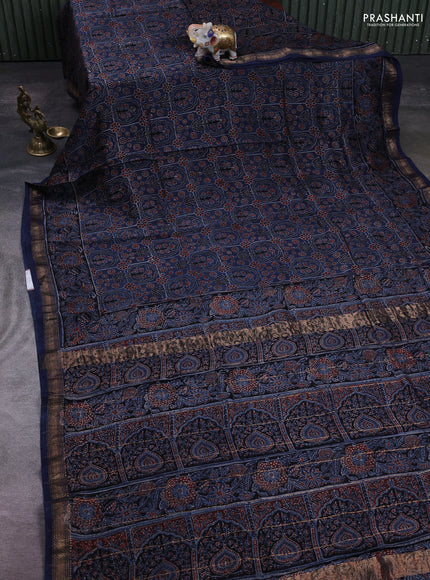 Navy Blue Maheshwari Silk Cotton Saree - Ajrakh Prints