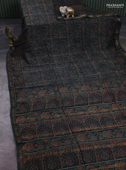 Bottle Green Maheshwari Silk Cotton Saree - Ajrakh Prints