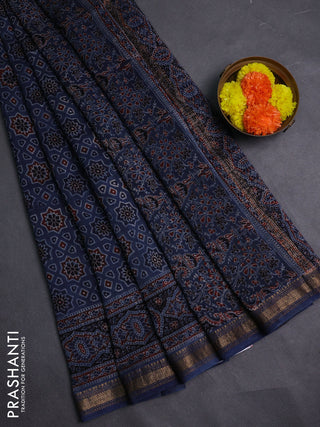 Navy Blue Maheshwari Silk Cotton Saree - Ajrakh Prints