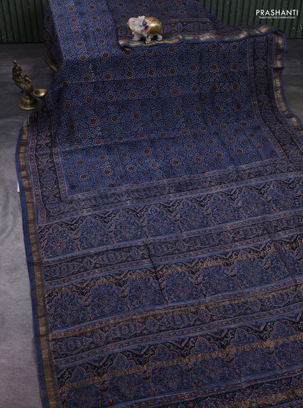 Navy Blue Maheshwari Silk Cotton Saree - Ajrakh Prints