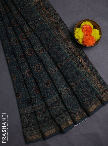 Bottle Green Maheshwari Silk Cotton Saree - Ajrakh Prints