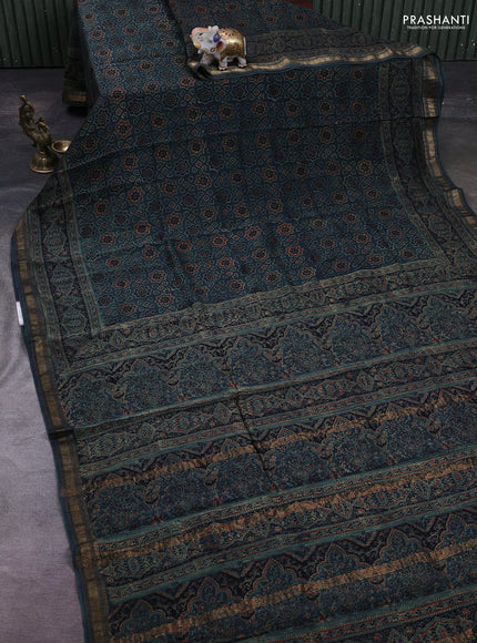 Bottle Green Maheshwari Silk Cotton Saree - Ajrakh Prints