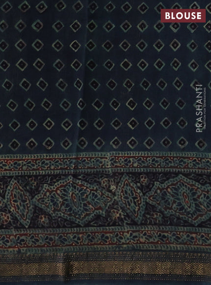 Bottle Green Maheshwari Silk Cotton Saree - Ajrakh Prints