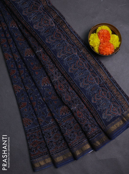 Navy Blue Maheshwari Silk Cotton Saree - Ajrakh Prints