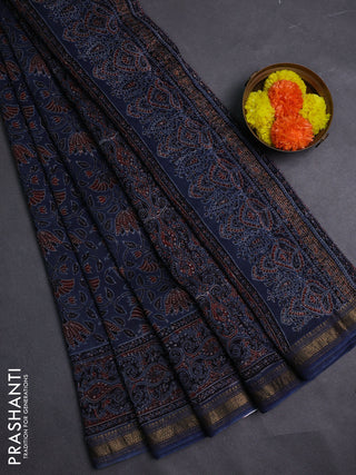 Navy Blue Maheshwari Silk Cotton Saree - Ajrakh Prints