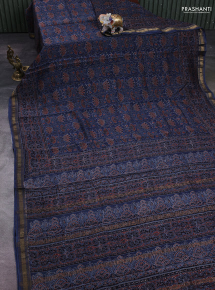 Navy Blue Maheshwari Silk Cotton Saree - Ajrakh Prints