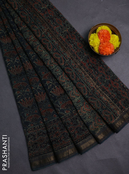 Bottle Green Maheshwari Silk Cotton Saree - Ajrakh Prints