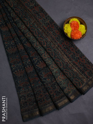Bottle Green Maheshwari Silk Cotton Saree - Ajrakh Prints