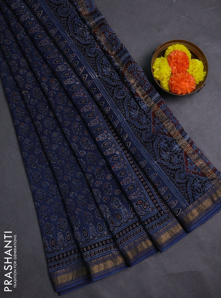 Navy Blue Maheshwari Silk Cotton Saree - Ajrakh Prints